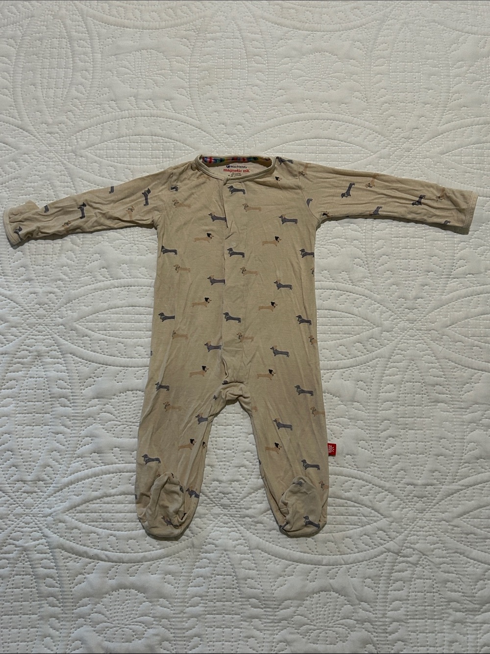 Magnetic Me - Beige Weiner Puppy Print Footed One-Piece Sz: 3-6M (12-16lbs)